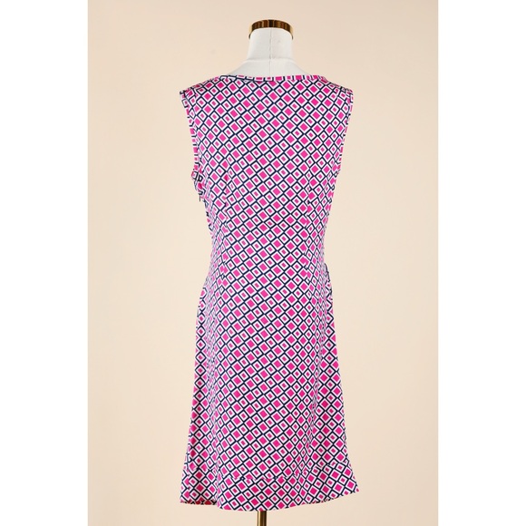 Sz 4 Diane Von Furstenberg Geometric Fuschia/Navy Cotton & Silk Midi Wrap Dress - Picture 4 of 5